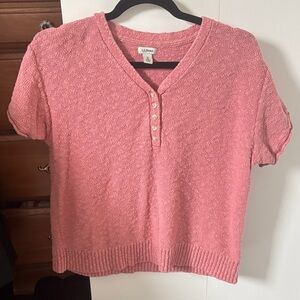 L.L. Bean Women's Pink Short-Sleeve Textured Henley Sweater